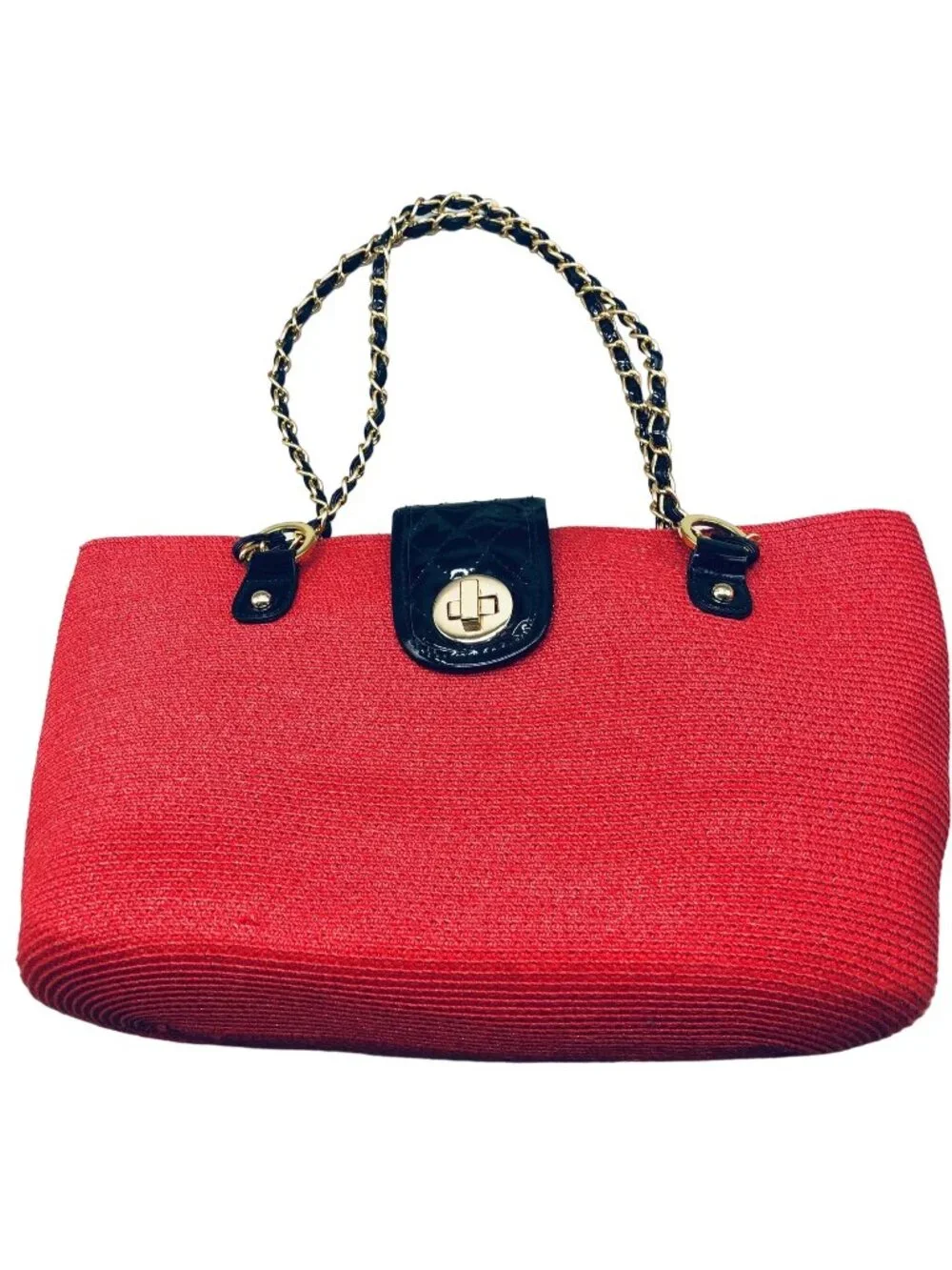 straw red handbag chain handle clasp lock zipper 5 pockets 2 handle 15x9x4